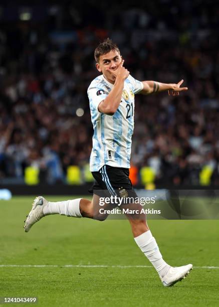 Paulo Dybala of Argentina celebrates scoring his goal during the Finalissima 2022 match between Italy and Argentina at Wembley Stadium on June 1,...