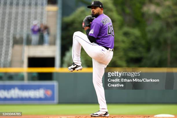 German Marquez of the Colorado Rockies throws a pitch in the first inning against the Miami Marlins at Coors Field on June 1, 2022 in Denver,...