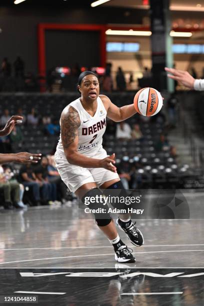 Kia Vaughn of the Atlanta Dream drives to the basket during the game against the Minnesota Lynx on June 1, 2022 at Gateway Center Arena in College...