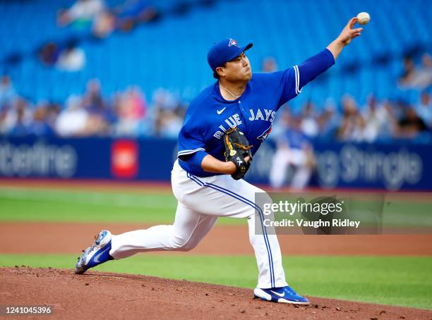 Hyun Jin Ryu of the Toronto Blue Jays pitches in the first inning against the Chicago White Sox at Rogers Centre on June 01, 2022 in Toronto,...