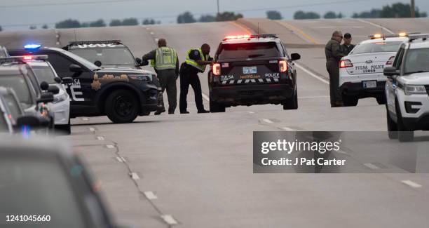 Police respond to the scene of a mass shooting at St. Francis Hospital on June 1, 2022 in Tulsa, Oklahoma. At least four people were killed in a...