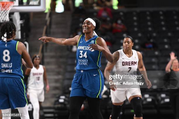 Sylvia Fowles of the Minnesota Lynx smiles during the game against the Atlanta Dream on June 1, 2022 at Gateway Center Arena in College Park,...