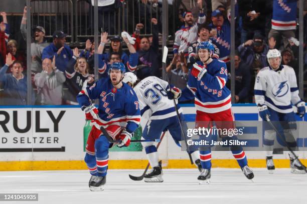 Filip Chytil of the New York Rangers reacts after scoring a goal during the second period in Game One of the Eastern Conference Final of the 2022...