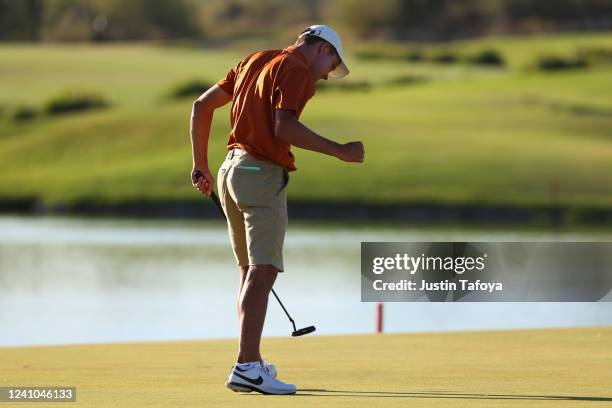 Mason Nome of the Texas Longhorns reacts after making a putt during the Division I Mens Golf Championship held at the Grayhawk Golf Club on JUNE 1,...