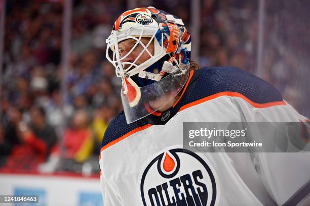 Edmonton Oilers goaltender Mike Smith skates during a Stanley Cup Playoffs Western Conference Finals game between the Edmonton Oilers and the...