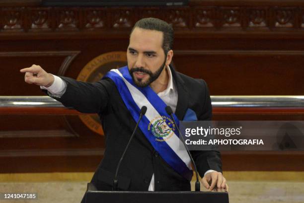 President of El Salvador Nayib Bukele delivers a message to the citizens as he celebrates his third year in office at the Legislative Assembly of the...