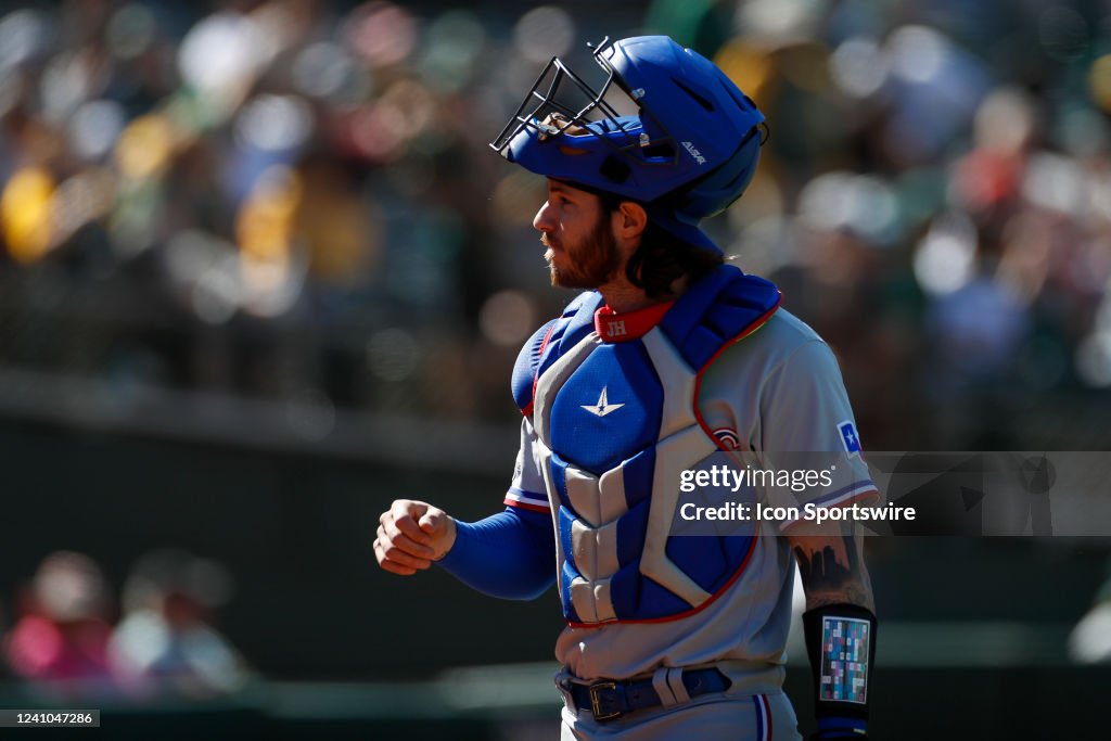 Texas Ranger Heim Texas Rangers catcher Jonah Heim walks off the field during a regular ...
