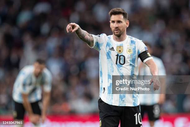 Lionel Messi of Argentina points during the Conmebol - UEFA Cup of Champions Finalissima between Italy and Argentina at Wembley Stadium, London on...