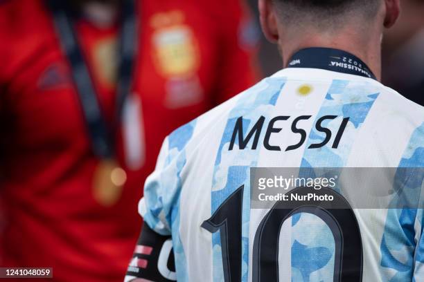 Lionel Messi of Argentina stands on during the Conmebol - UEFA Cup of Champions Finalissima between Italy and Argentina at Wembley Stadium, London on...