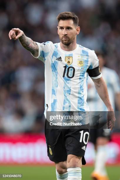 Lionel Messi of Argentina points during the Conmebol - UEFA Cup of Champions Finalissima between Italy and Argentina at Wembley Stadium, London on...