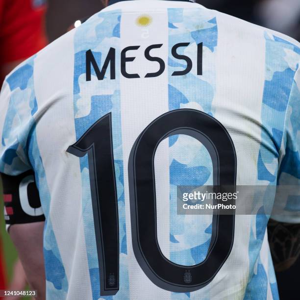 Lionel Messi of Argentina stands on during the Conmebol - UEFA Cup of Champions Finalissima between Italy and Argentina at Wembley Stadium, London on...