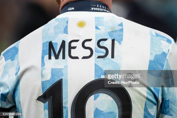Lionel Messi of Argentina looks on during the Conmebol - UEFA Cup of Champions Finalissima between Italy and Argentina at Wembley Stadium, London on...