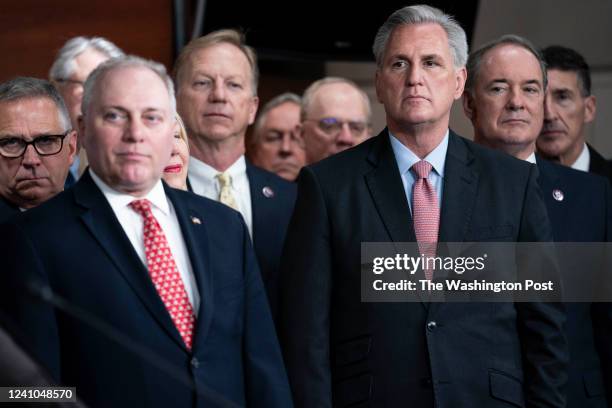 House Minority Whip Steve Scalise, R-La., and House Minority Leader Kevin McCarthy, R-Calif., listens alongside House Republicans during a news...