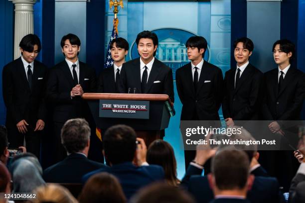 May 31, 2022: Members of the K-pop supergroup BTS join White House press secretary Karine Jean-Pierre during the daily briefing at the White House on...