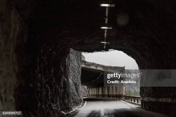 Photo shows Stelvio Pass, on the mountainside of the Lombardy region, Italy on May 28, 2022. Stelvio Pass is located in the Rhaetian Alps in Italy...