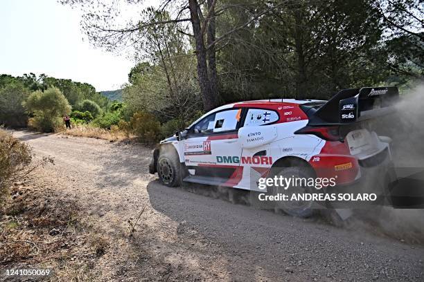 Finnish driver Esapekka Lappi steers his Toyota Yaris WRC assisted by his co-driver Janne Ferm, during the shakedown near Olmedo, between Alghero and...