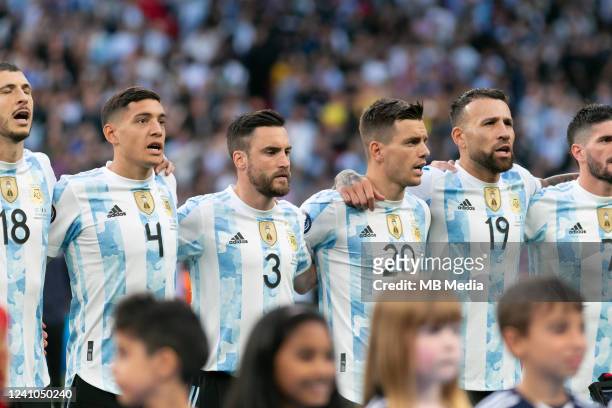 Players of Argentina line up for the national anthem before the Italy v Argentina - Finalissima 2022 match at Wembley Stadium on June 1, 2022 in...