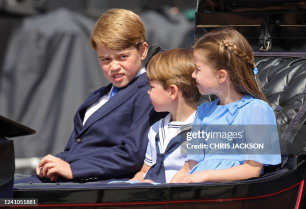 Prince George of Cambridge, Prince Louis of Cambridge and Princess Charlotte of Cambridge ride in a carriage during the Queen's Birthday Parade, the...