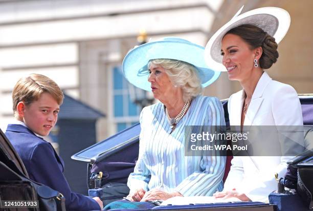 Prince George, Camilla, Camilla, Duchess of Cornwall and Catherine, Duchess of Cambridge during the Trooping the Colour parade on June 02, 2022 in...