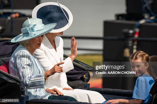 Britain's Princess Charlotte of Cambridge , Britain's Camilla, Duchess of Cornwall and Britain's Catherine, Duchess of Cambridge leave Buckingham...