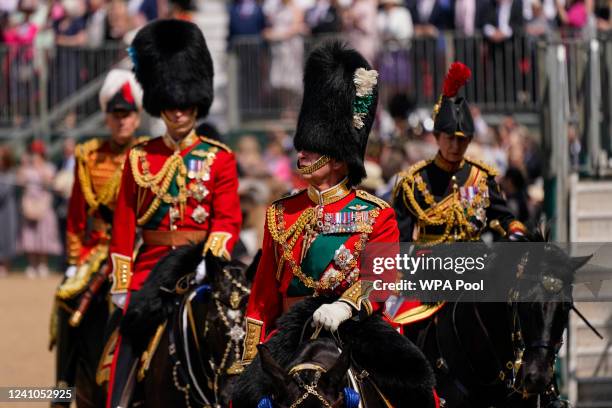 Prince William, Duke of Cambridge, Prince Charles, Prince of Wales and Princess Anne, Princess Royal during Trooping The Colour on June 2, 2022 in...