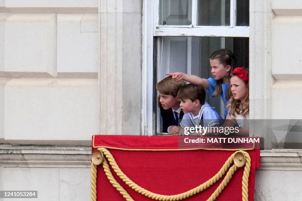 Britain's Prince George of Cambridge , Britain's Princess Charlotte of Cambridge and Britain's Prince Louis of Cambridge watch overlooking Horse...