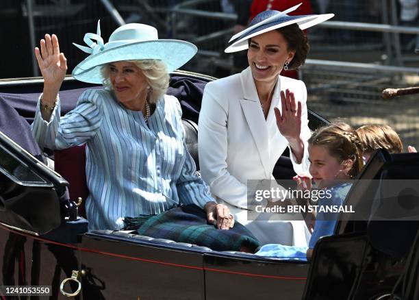 Britain's Camilla, Duchess of Cornwall , Britain's Catherine, Duchess of Cambridge, and Britain's Princess Charlotte of Cambridge travel in a...