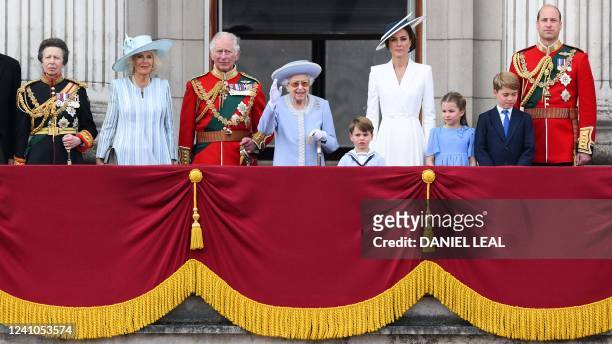 Britain's Queen Elizabeth II stands with from left, Britain's Princess Anne, Princess Royal, Britain's Camilla, Duchess of Cornwall, Britain's Prince...