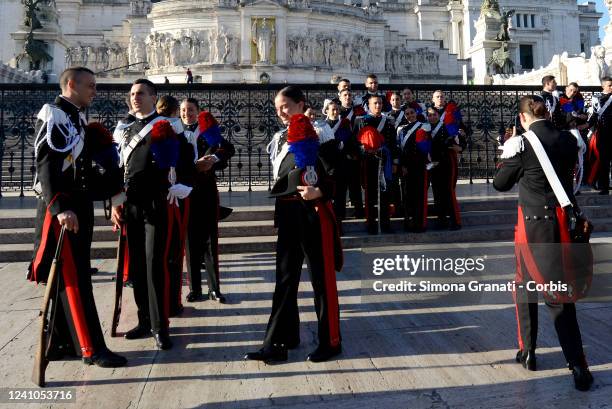 Carabinieri officers take a group photo on the Altare della Patria, monument of the Unknown Soldier, before the Republic Day parade on June 2, 2022...