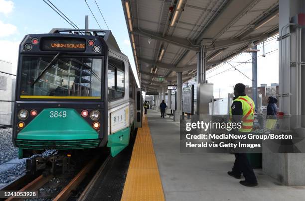 Trolley awaits passengers at the Union Square station on the day of the grand opening of the MBTAs Green Line Extension on March 21, 2022 in...