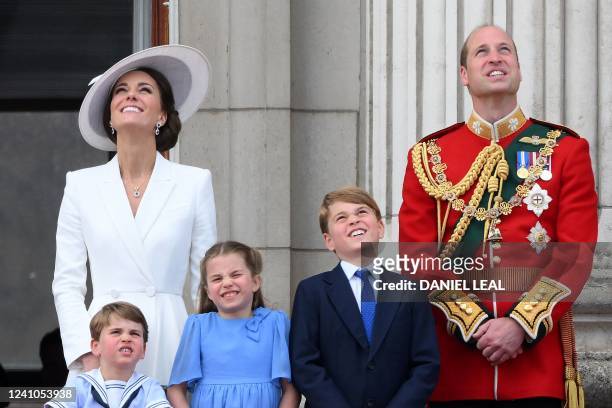 Britain's Catherine, Duchess of Cambridge and Britain's Prince William, Duke of Cambridge, stand with their children Britain's Prince Louis of...
