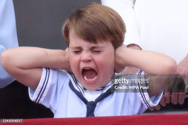 Prince Louis of Cambridge reacts to the RAF flypast during the Trooping the Colour parade on June 02, 2022 in London, England. The Platinum Jubilee...