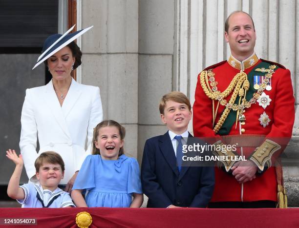 Britain's Catherine, Duchess of Cambridge and Britain's Prince William, Duke of Cambridge, stand with their children Britain's Prince Louis of...