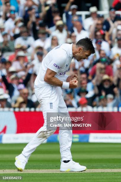 England's James Anderson celebrates after the dismissal of New Zealand's Tim Southee on the first day of the first cricket Test match between England...