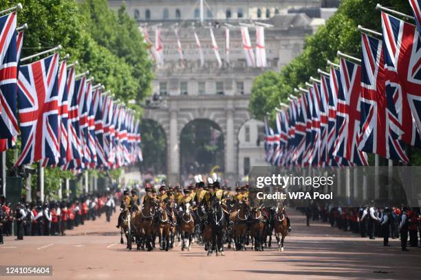 View along The Mall as the Royal procession returns to Buckingham palace during Trooping The Colour on June 2, 2022 in London, England.Trooping The...