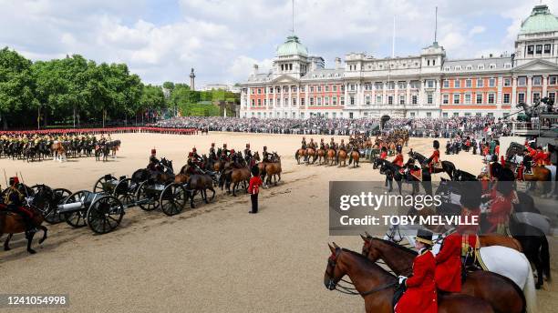 The Kings Troop Royal Horse Artillery take part in the Queen's Birthday Parade, the Trooping the Colour, as part of Queen Elizabeth II's Platinum...