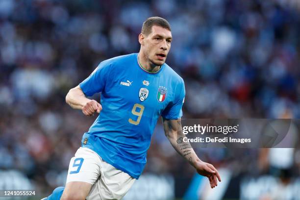 Andrea Belotti of Italy looks on during the Finalissima 2022 match between Italy and Argentina at Wembley Stadium on June 1, 2022 in London, England.