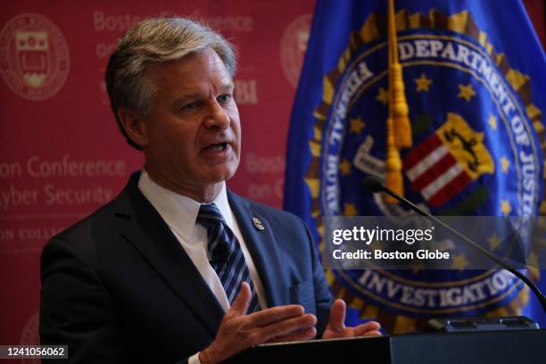 Director of the Federal Bureau of Investigation Christopher Wray delivers the keynote address on cyber threats and security at the sixth annual...