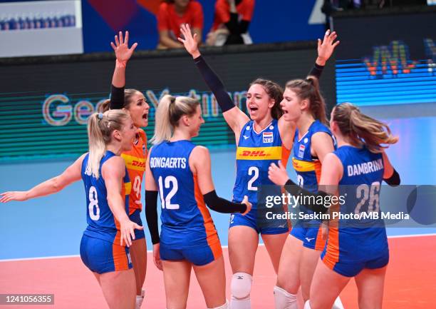 Netherlands players celebrates for score during the FIVB Volleyball Women's National League Pool 2 first week match between Bulgaria Women and...