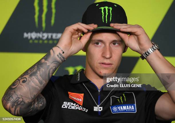 Yamaha French rider Fabio Quartararo attends a press conference ahead of the Moto Grand Prix de Catalunya at the Circuit de Catalunya on June 2, 2022...