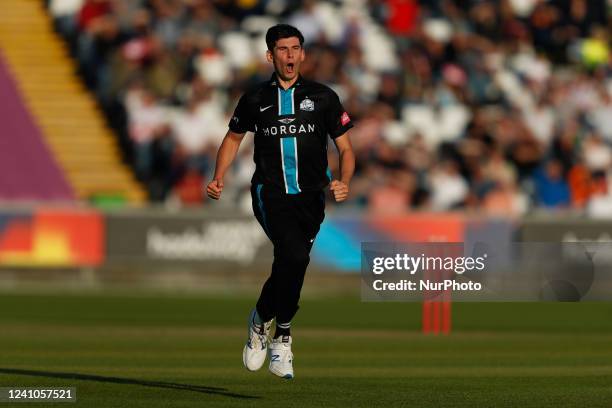 Pat Brown of Worcestershire Rapids celebrates after taking the wicket of Liam Trevaskis of Durham during the Charlotte Edwards Cup match between...