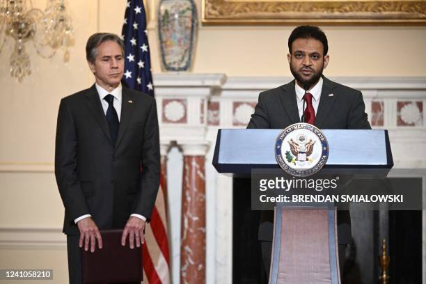 Ambassador at Large for International Religious Freedom Rashad Hussain, with Secretary of State Antony Blinken, speaks about about the 2021...
