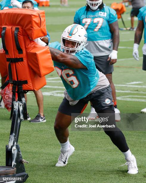 Daeshon Hall of the Miami Dolphins runs a drill during the Miami Dolphins Mandatory Minicamp at the Baptist Health Training Complex on June 2, 2022...