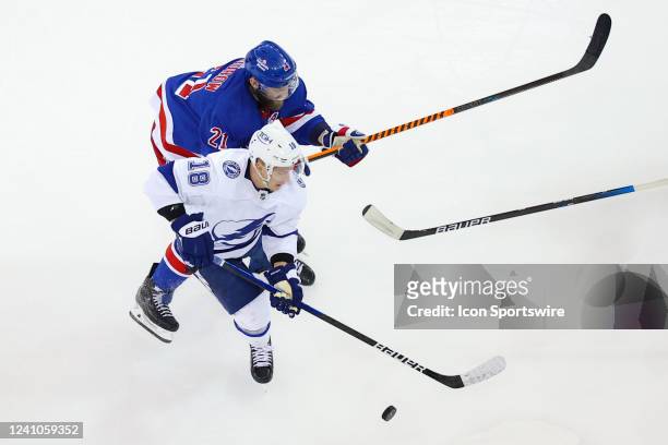 New York Rangers Winger Barclay Goodrow skates against Tampa Bay Lightning Left Wing Ondrej Palat during game 1 of the NHL Stanley Cup Eastern...