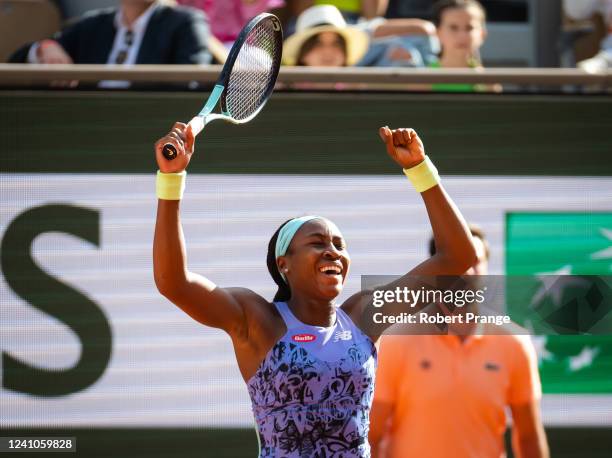 Coco Gauff of the United States celebrates defeating Martina Trevisan of Italy in her semi-final match on Day 12 at Roland Garros on June 02, 2022 in...