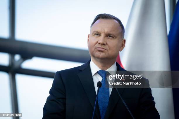 Polish President Andrzej Duda attends a joint news conference with European Commission President Ursula von der Leyen and Polish Prime Minister...