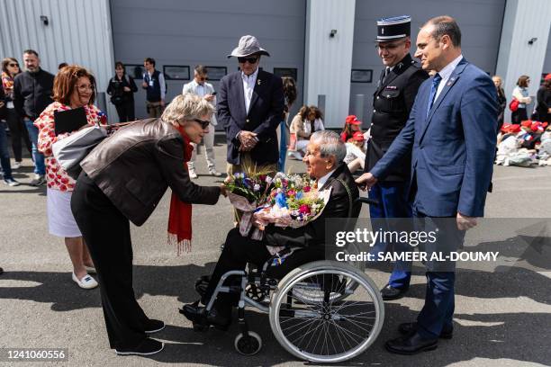 Veteran Charles N Shay, who was a medic in the 16th Infantry Regiment 1st Infantry Division, arrives at the Deauville-Normandie Airport in...