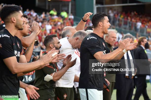 Portugal's forward Cristiano Ronaldo cheers his team during the UEFA Nations League, league A group 2 football match between Spain and Portugal, at...
