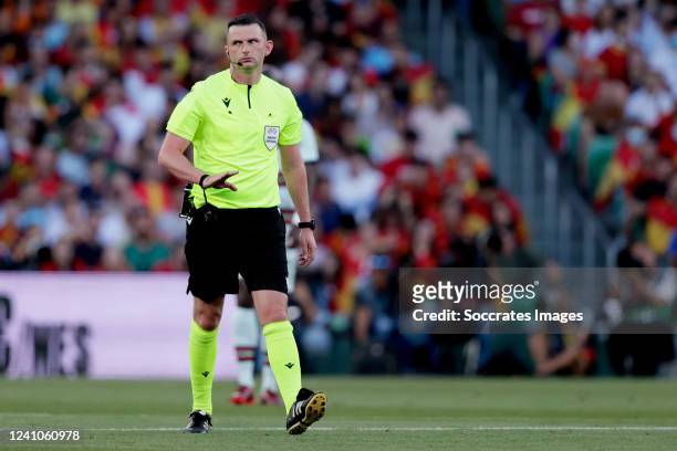 Referee Michael Oliver during the UEFA Nations league match between Spain v Portugal at the Estadio Benito Villamarin on June 2, 2022 in Sevilla Spain