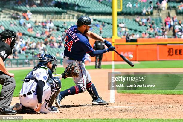 Minnesota Twins catcher Gary Sanchez fouls off a fastball during the Detroit Tigers versus the Minnesota Twins on Tuesday June 2, 2022 at Comerica...